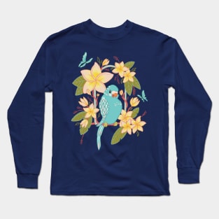 Tropical Budgie and Frangipani Flowers Long Sleeve T-Shirt